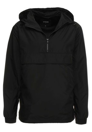 Schwarze Pulloverjacke mit Kapuze, mit einem Viertel-Längen-Reißverschluss, elastischen Bündchen und einer Fronttasche. Hergestellt aus wasserabweisendem Material.