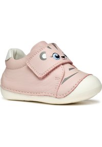 Scarpa in pelle rosa chiaro con chiusura a strappo e design con faccia di gatto dei cartoni animati. Presenta una punta in gomma bianca e cuciture a contrasto.
