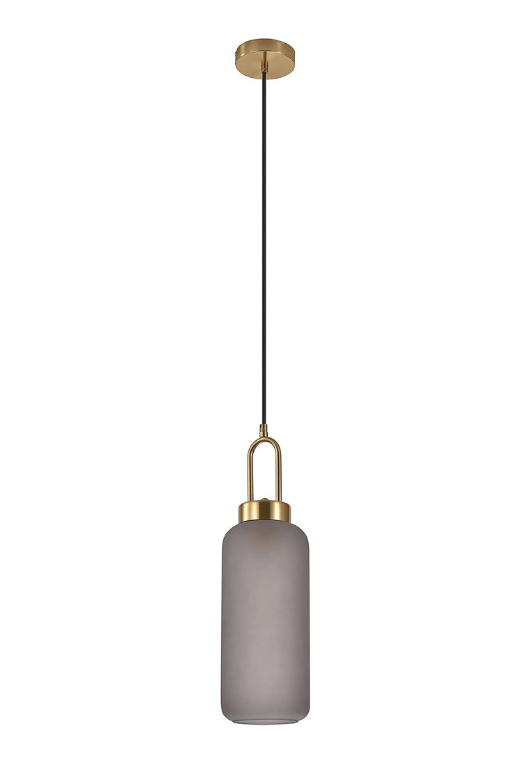 Lampa wisząca z matowego szkła, z złotymi metalowymi akcentami i czarnym przewodem zawieszenia. Posiada cylindryczny kształt i elegancki design.
