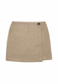 Khaki spódnica z wełny o miękkiej teksturze, w kształcie A, z bocznym zapięciem na guziki, zapewniającym pewne dopasowanie. Minimalistyczny design bez widocznych wzorów.