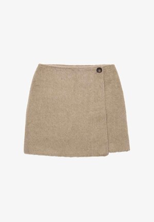 Khaki vlnená sukně s jemnou strukturou, A-liniovým střihem a bočním zapínáním na knoflík pro bezpečné nošení. Minimalistický design bez viditelných vzorů.