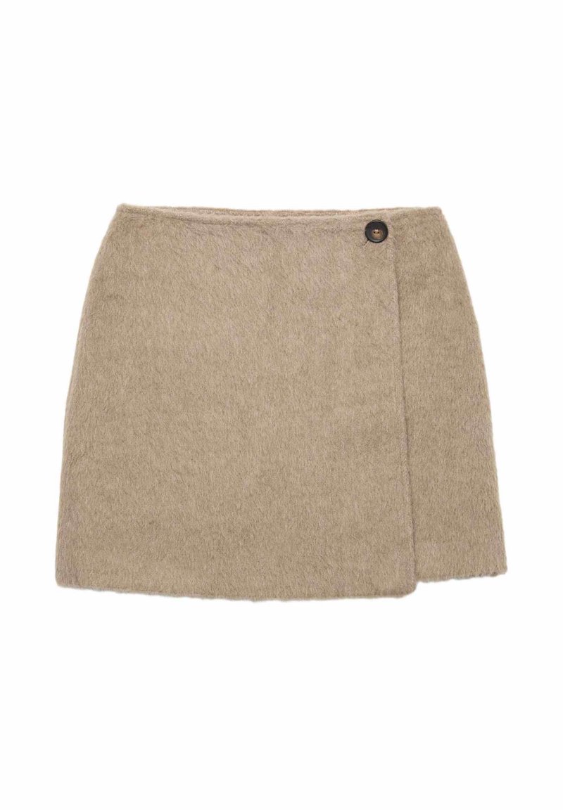 Khaki spódnica z wełny o miękkiej teksturze, w kształcie A, z bocznym zapięciem na guziki, zapewniającym pewne dopasowanie. Minimalistyczny design bez widocznych wzorów.