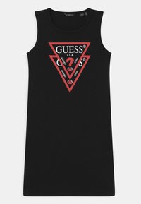 Schwarzes ärmelloses Kleid mit rundem Ausschnitt, das ein rotes dreieckiges Logo und weißen Text in der Mitte zeigt. Glatter Baumwollstoff.