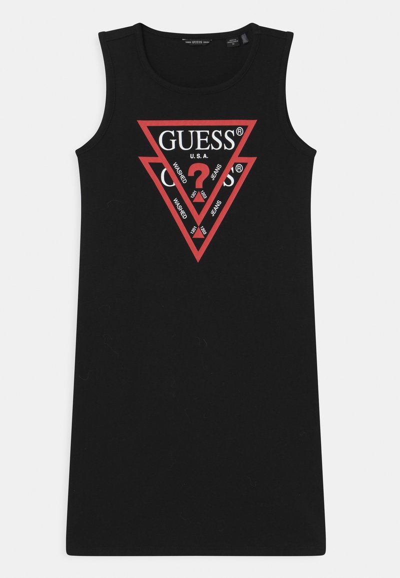 Schwarzes ärmelloses Kleid mit rundem Ausschnitt, das ein rotes dreieckiges Logo und weißen Text in der Mitte zeigt. Glatter Baumwollstoff.