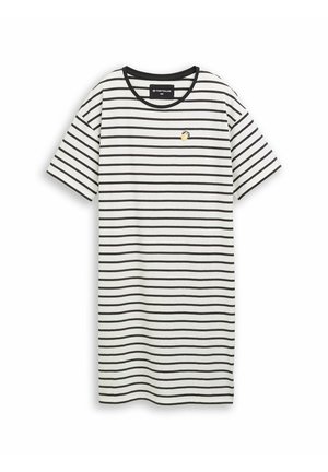 Vestito bianco a maniche corte con sottili strisce orizzontali nere e un piccolo ricamo di limone sul petto, con scollo rotondo nero.