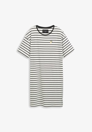 Vestito bianco a maniche corte con sottili strisce orizzontali nere e un piccolo ricamo di limone sul petto, con scollo rotondo nero.