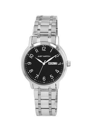 Silver stainless steel watch with a black dial, large white hour markers, date display, and a polished metal bracelet.