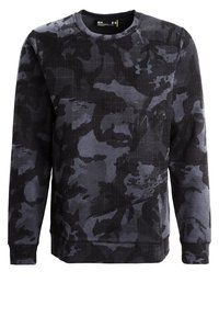 Felpa a maniche lunghe nera e grigia con un motivo camouflage testurizzato, scollatura rotonda e polsini elastici ai polsi e all'orlo.