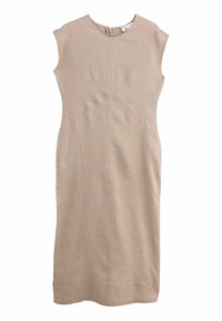 Beige pellava mekko, jossa on hihattomat hihat, pyöreä pääntie ja takakuvitus. Ominaisuuksina minimalistinen muotoilu ja suora siluetti sivutaskuilla.