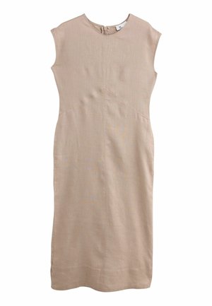 Abito di lino beige con maniche a cappotto, scollo rotondo e zip sul retro. Presenta un design minimalista e una silhouette dritta con tasche laterali.