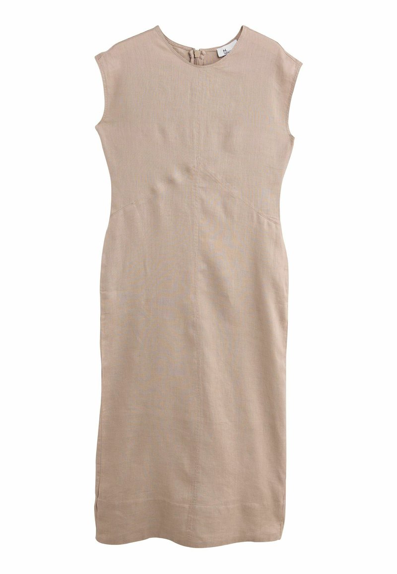 Beige pellava mekko, jossa on hihattomat hihat, pyöreä pääntie ja takakuvitus. Ominaisuuksina minimalistinen muotoilu ja suora siluetti sivutaskuilla.