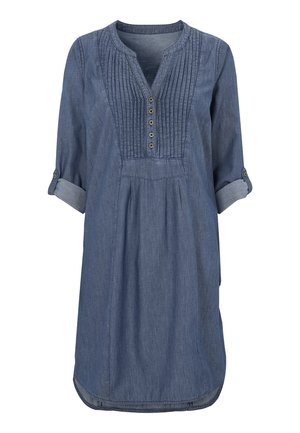Jeans-Tunika-Kleid mit Rundhalsausschnitt, Knopfleiste und frontalen Falten. Es verfügt über aufgerollte Ärmel und eine lockere Passform in einem hellblauen Farbton.