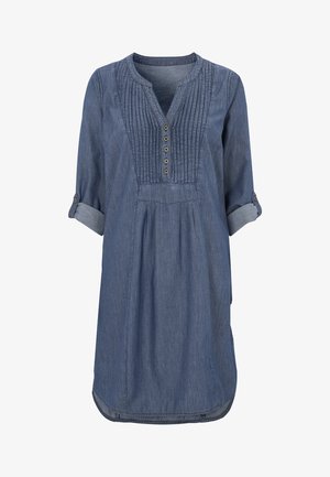 Denim tuniekjurk met een ronde hals, knoopsluiting en plooien aan de voorkant. Heeft opgerolde mouwen en een relaxed fit, in een lichtblauwe kleur.