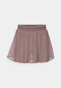 Gonna corta trasparente in mauve con una vita texture. Tessuto leggero e fluido con un design a strati, che crea un drappeggio morbido.