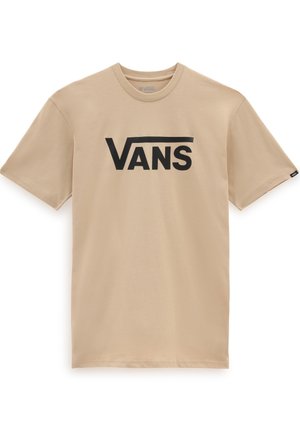 T-shirt en coton beige avec manches courtes et col rond, arborant un logo noir "VANS" bien visible sur la poitrine. Texture lisse.