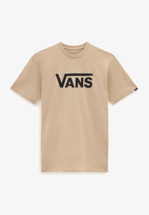 T-shirt en coton beige avec manches courtes et col rond, arborant un logo noir "VANS" bien visible sur la poitrine. Texture lisse.