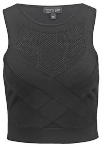 Mustat hihattomat crop topit, joissa on teksturoitu etupaneeli ja ristikkäiset nauhat, pyöreä kaula-aukko ja Topshop-tarra kauluksessa.