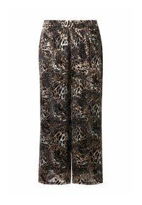 Leopardprintbroek van een lichtgewicht, gladde stof. Voorzien van een elastische tailleband en een ontspannen pasvorm, met variërende tinten bruin en zwart.