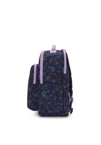 Zaino navy con zip e dettagli in viola, caratterizzato da un motivo di stelle colorate e vortici. Due tasche laterali per ulteriore spazio di stoccaggio.