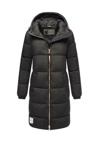 Svart puffjacka med huva, med en främre dragkedja och två sidofickor. Mjuk, strukturerad tyg med en boxig design och elastiska manschetter.