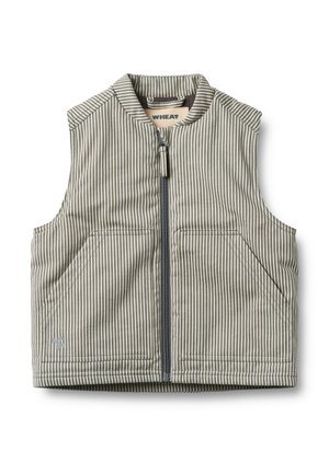 Veste sans manches rayée en gris et crème, dotée d'une fermeture éclair à l'avant et de deux poches latérales, fabriquée en tissu durable à la texture douce.