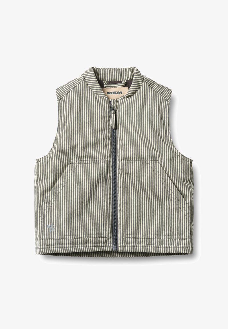 Bezrekawnik w paski w kolorze szarym i kremowym, z przednim suwakiem i dwoma bocznymi kieszeniami, wykonany z trwałej tkaniny o miękkiej strukturze.