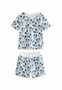 Short-sleeve pajama set featuring a light blue background with dark blue Mickey Mouse faces and vertical stripes. Soft, stretchy fabric.