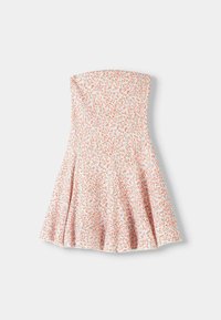 Strapless klänning i ett ljust blommönster med rosa och gröna accenter. Utsvängd siluett, strukturerad tyg och A-linjeform.