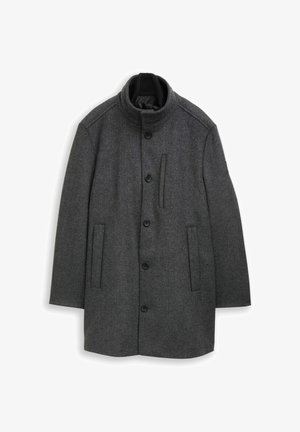 Manteau en laine gris foncé avec un col haut, fermeture à boutons, deux poches avant et une finition texturée. Accents noirs le long du col.