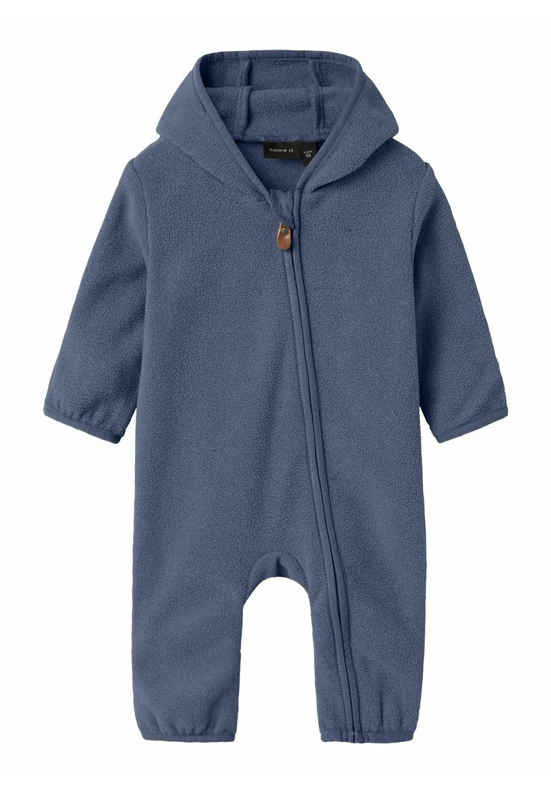 Mono para bebé de felpa con capucha azul, de manga larga y cierre frontal con cremallera, con un pequeño tirador de cuero.