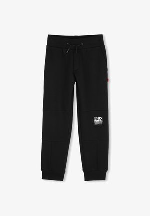 Zwarte joggerbroek met elastische tailleband en boorden, trekkoord, zijzakken en Hugo Worldwide logo patch op de linker dij.