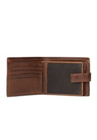 Bruine leren portemonnee met een bifold ontwerp, meerdere kaartsleuven, een vak voor contant geld en een veilige tab-sluiting. Gewatteerde binnenkant.