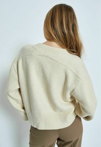 Maglione beige oversize con scollo e orlo a coste, realizzato in tessuto morbido, caratterizzato da una vestibilità comoda e maniche a spalla cadente.