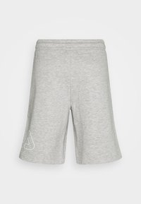 Shorts en coton gris avec une ceinture élastique, arborant un logo blanc sur la jambe gauche et une texture lisse sur toute la surface.