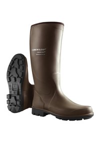 Brown rubber work boots with a smooth finish and a textured black sole, featuring a logo on the front and a reinforced top edge.