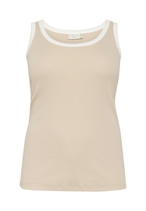Beige ribbed tank top with white trim, featuring a round neckline and sleeveless design. Fabric is smooth and stretchy for comfort.