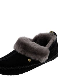 Zwarte suède pantoffels met een grijze bontvoering, voorzien van decoratieve stiksels, een gouden logo-accent en een platte zool voor comfort.