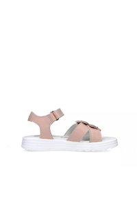 Sandali sintetici rosa con una fascia alla caviglia regolabile, dettaglio floreale sulla tomaia e una suola in gomma bianca con un motivo a zigzag.