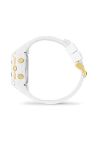 Montre-bracelet en silicone blanche avec un accent doré, présentant un boîtier rectangulaire et des boutons ronds, une texture lisse et une fermeture à boucle sécurisée.