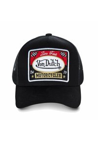 Black trucker hat with a curved brim, featuring a red and white embroidered patch that reads "Live Fast Von Dutch Motorcycles," with checkered flags.