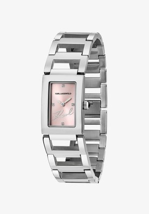 Orologio rettangolare argentato con quadrante rosa, dotato di accenti in diamante e un bracciale metallico robusto con maglie traforate. Logo visibile sul quadrante.