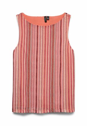 Mouwloze dames top met verticale strepen in tinten roze, koraal en crème, met een ronde halslijn en textuurstof.