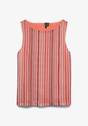 Mouwloze dames top met verticale strepen in tinten roze, koraal en crème, met een ronde halslijn en textuurstof.