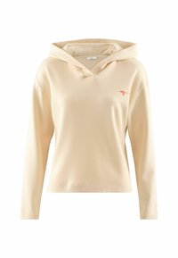 Beige hoodie met lange mouwen van zachte stof en een V-halsontwerp, met een klein koraalkleurig logo op de borst en ribbeldetails op de manchetten.