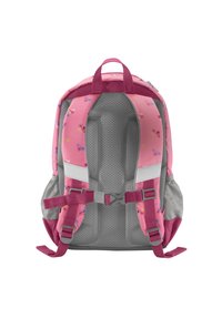 Rosa und grauer Rucksack mit einer weichen Außenseite, verziert mit einem Druck von bunten Sternen. Enthält verstellbare Schulterriemen und ein Netzrückenpaneel.