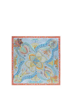 Square scarf with intricate blue, orange, and yellow paisley and floral patterns, framed by a red border featuring small white animal motifs.
