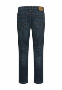 Donkerblauwe denim jeans met een rechte pijp, voorzien van twee achterzakken en een leren label op de tailleband. Geen slijtage of versieringen.