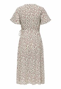 Robe midi blanche avec manches courtes à volants, taille nouée et petit motif floral rouge, vue de dos sur un fond uni.