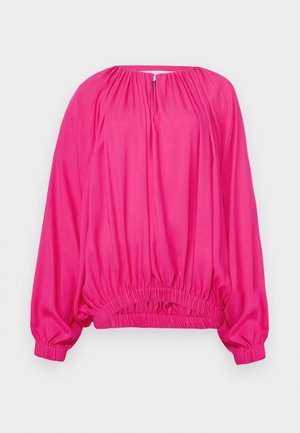 Fuchsia long-sleeve blouse with a gathered neckline and elastic hem; smooth fabric with a loose, relaxed fit.