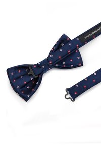 Granatowy krawat muszka w czerwono-białe kwiatowe wzory, wykonany z materiału w paski. Zawiera regulowane paski z czarnym zapięciem.